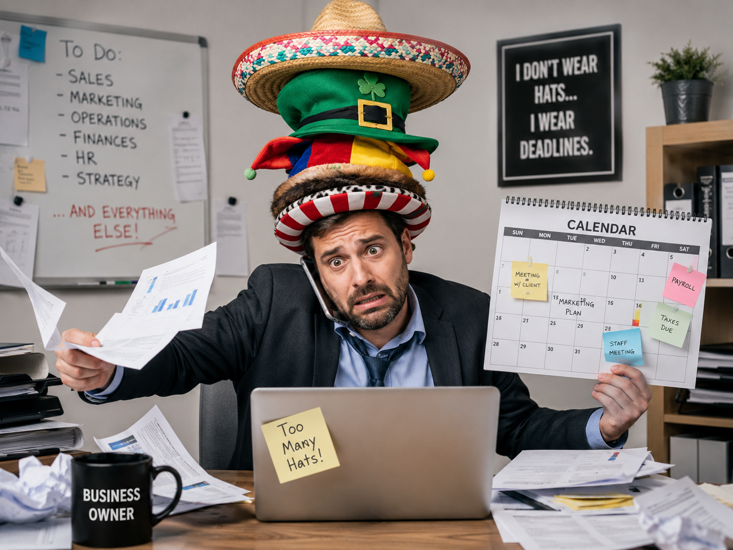 Overwhelmed small business owner wearing too many hats while juggling sales, marketing, operations, finances, HR, and deadlines
