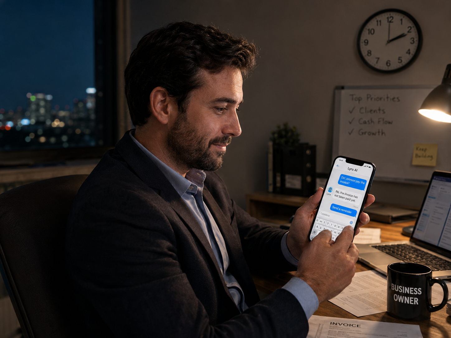 Business owner chatting with Lyra AI on his phone at his desk